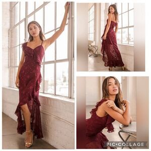 Lulus forever burgundy one shoulder ruffle trim maxi midi dress XL